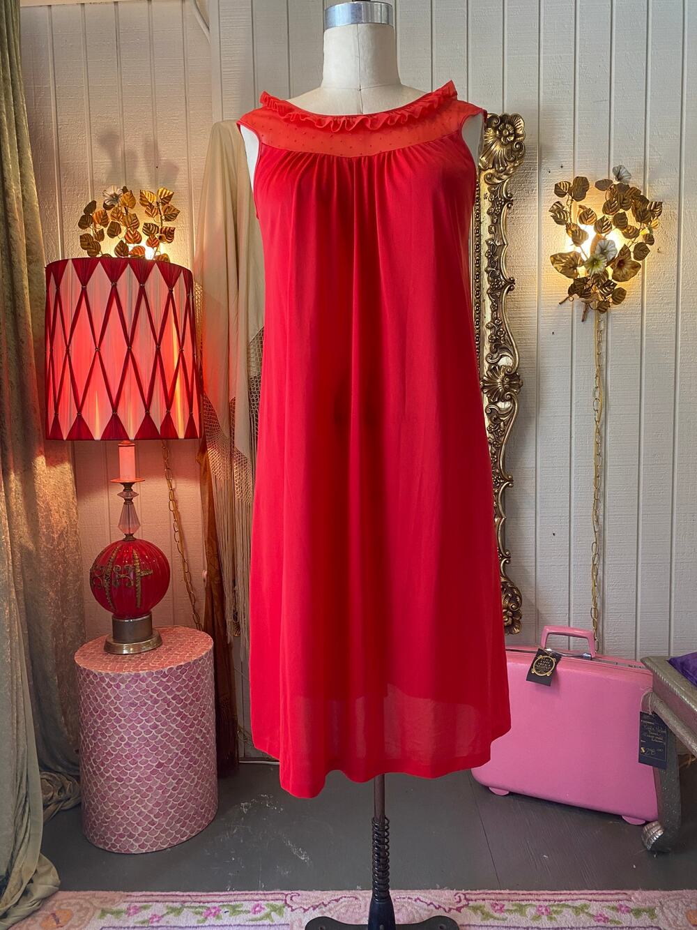 vintage 1960s red nightgown, 60s lingerie, ruffled, swiss dot, rockabilly, med